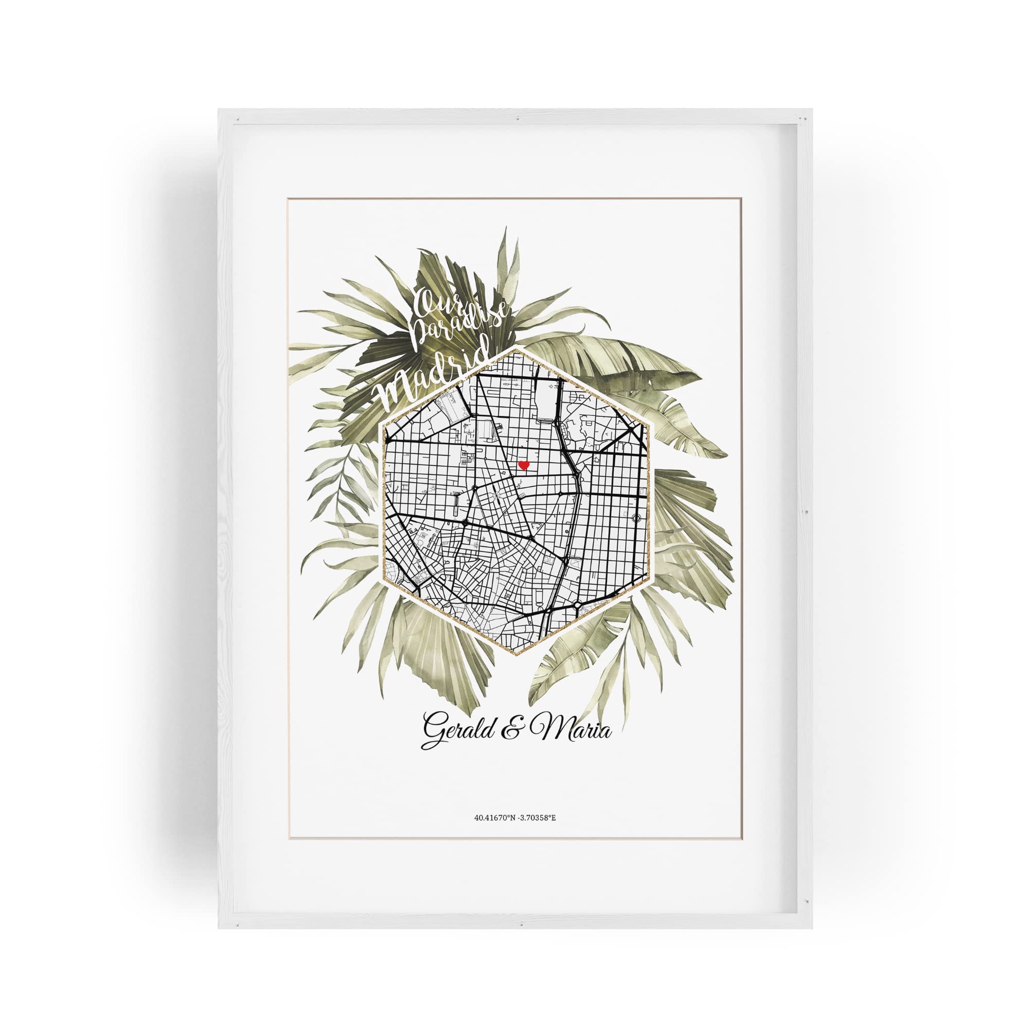 Paul Sinus Gerahmtes Wandbild Map mit deinen GPS Koordinaten und Namen. 30cm x 42cm Rahmen mit Stadtkarte selbstgestaltet. Ganz individuell. (ohne Rahmen)