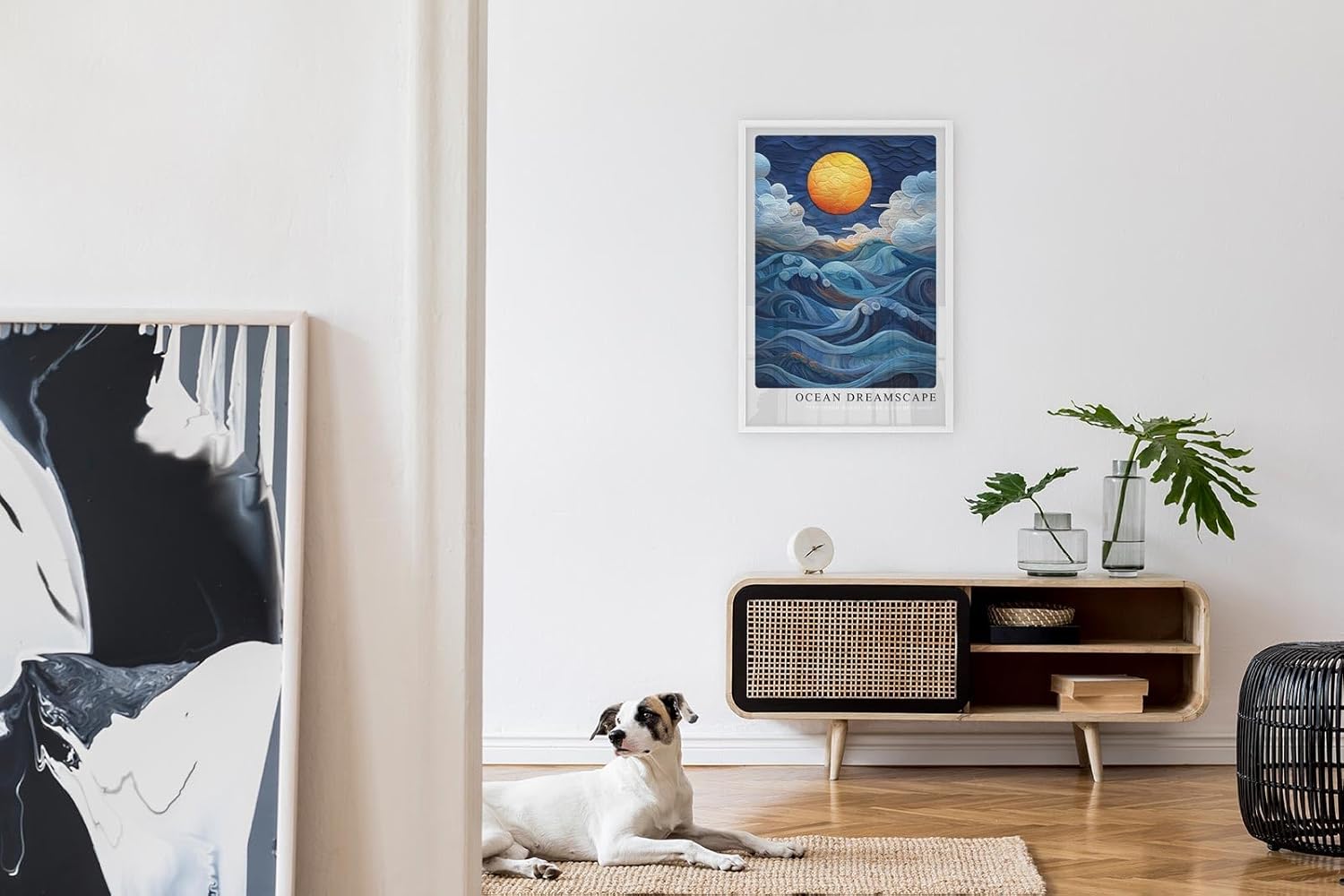 Paul Sinus Leinwandbild 60x90cm Ozeantraum surreal wellenförmig mystisch kunstvolle Wandkunst leuchtender Mond faszinierend dynamisch harmonisch