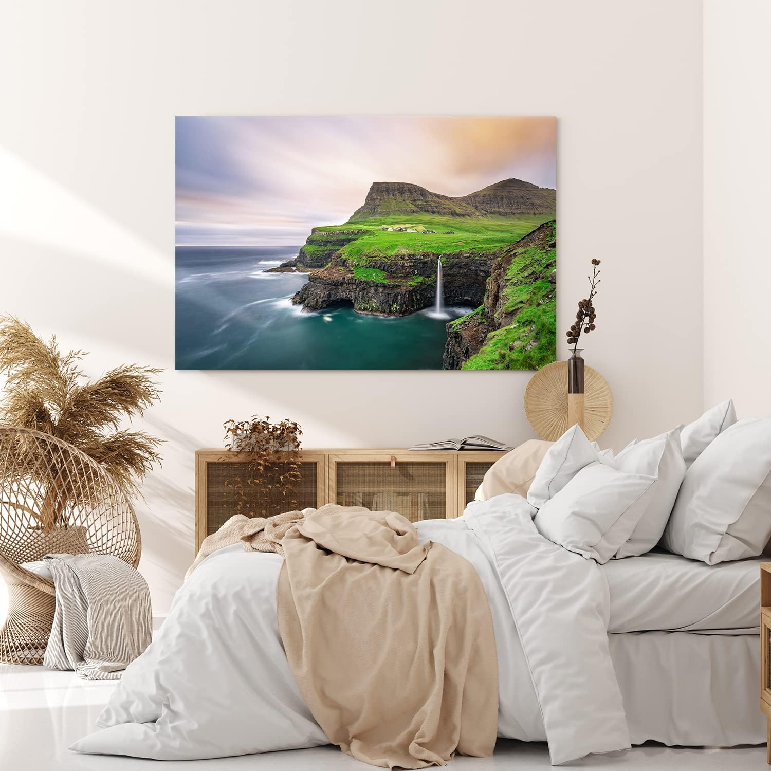 Paul Sinus Wandbild 120x80cm Múlafossur Waterfall Färöer-Inseln Küste Ozean Klippen