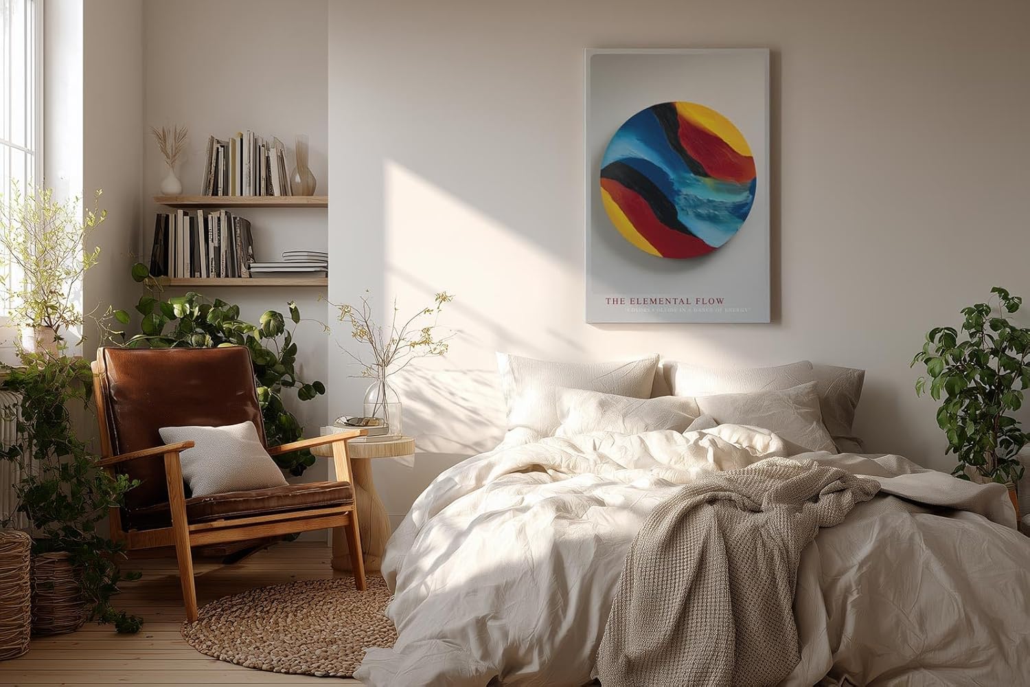 Paul Sinus Wandbild in 40x60cm The Elemental Flow – Abstraktes Rundmotiv in kräftigen Blau-, Rot-, Gelbund Schwarztönen