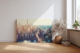 Sinus Art Wandbild 120x80cm Stimmungsvolle Stadtsilhouette mit Brooklyn Bridge und Sonnenlicht über Manhattan
