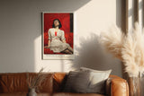 Paul Sinus Wandbild in 40x60cm Frau in weißem Kleid auf rotem Sofa – ausdrucksstarkes Porträt mit starker Farbwirkung
