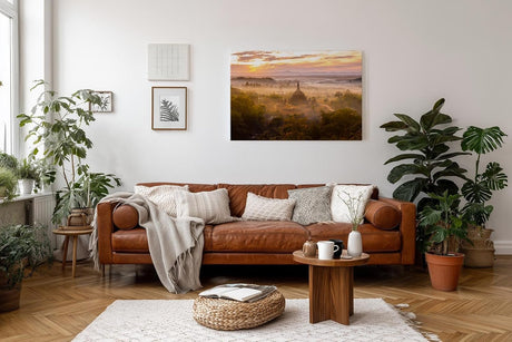 Sinus Art Wandbild 120x80cm Tempel im Morgendunst – faszinierende Komposition aus Kultur, Natur und Licht