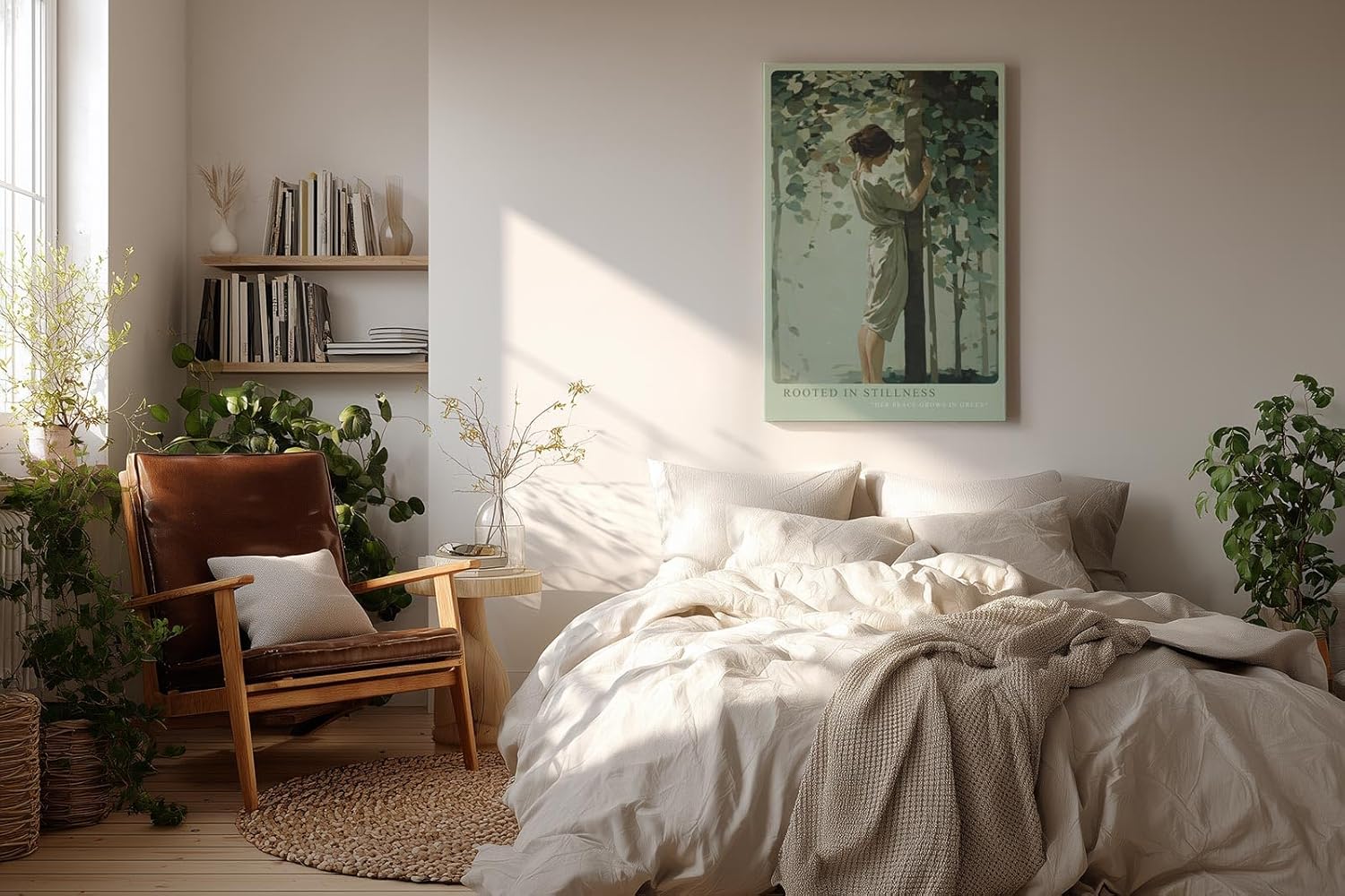 Paul Sinus Wandbild in 40x60cm Rooted in Stillness – Sanftes Porträt einer Frau, die inmitten grüner Blätter einen Baum umarmt, moderne Bilder in beruhigenden Naturtönen