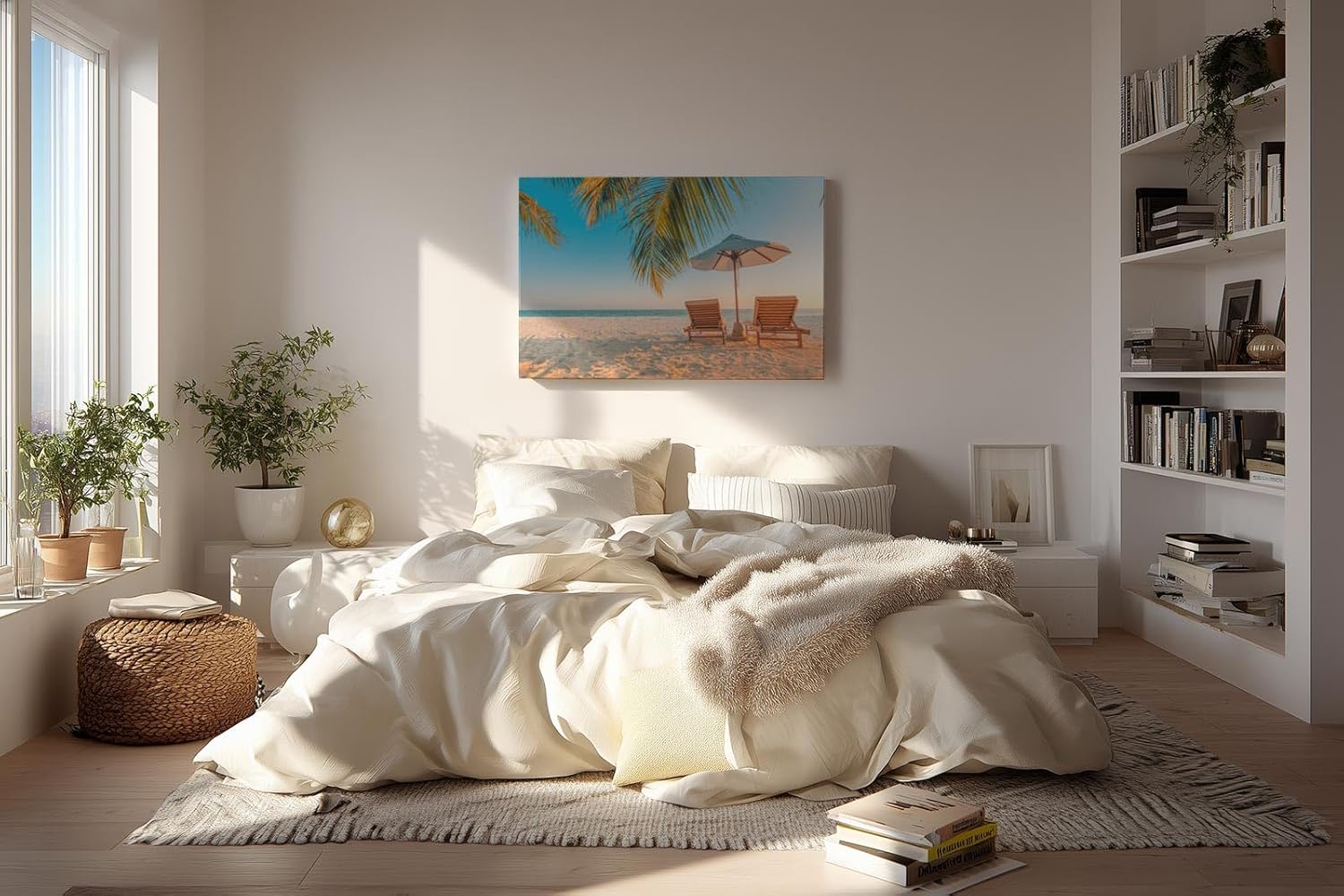 Sinus Art Wandbild 120x80cm Zwei Sonnenliegen am Palmenstrand mit Schirm vor blauem Himmel für entspannte Wirkung