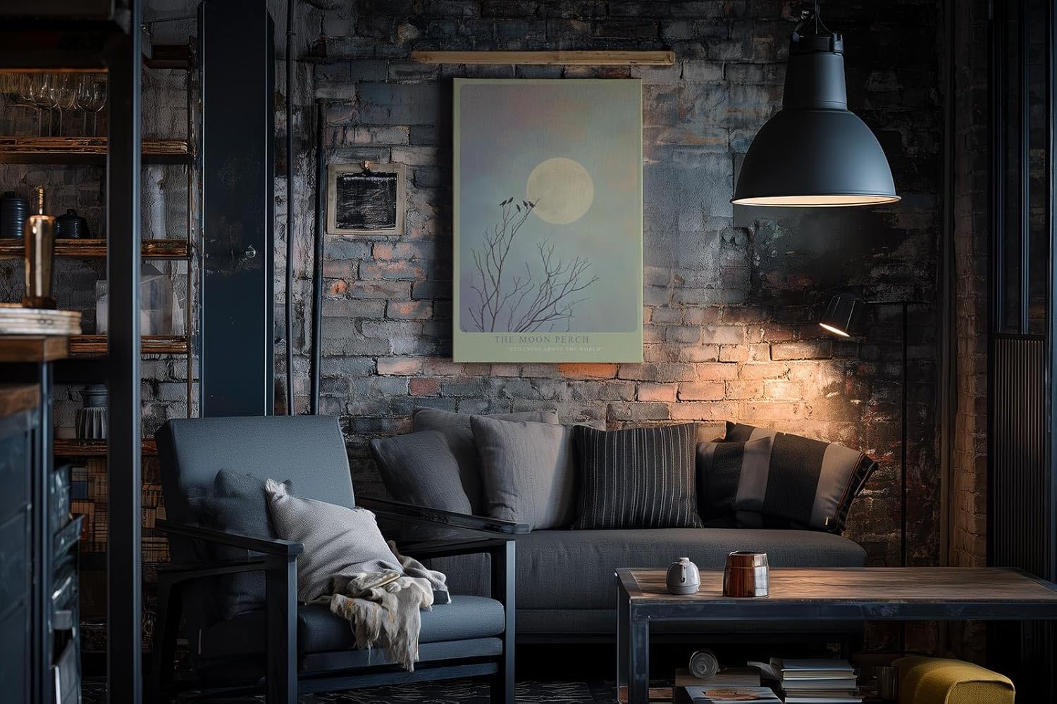 Paul Sinus Wandbild in 40x60cm The Moon Perch Vögel auf kahlen Ästen vor großem Mond im sanften Farbenspiel aus Blau und Rosa