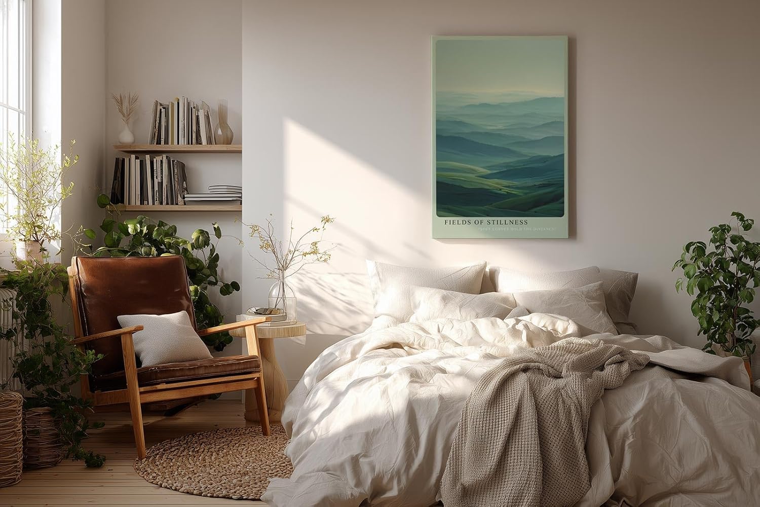Paul Sinus Wandbild in 40x60cm Fields of Stillness – beruhigende Hügellandschaft in zarten Grünund Blautönen für harmonische Raumgestaltung