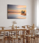 Paul Sinus Wandbild 120x80cm Meer Fischerboot Schiffswrack Fotokunst rosa Himmel