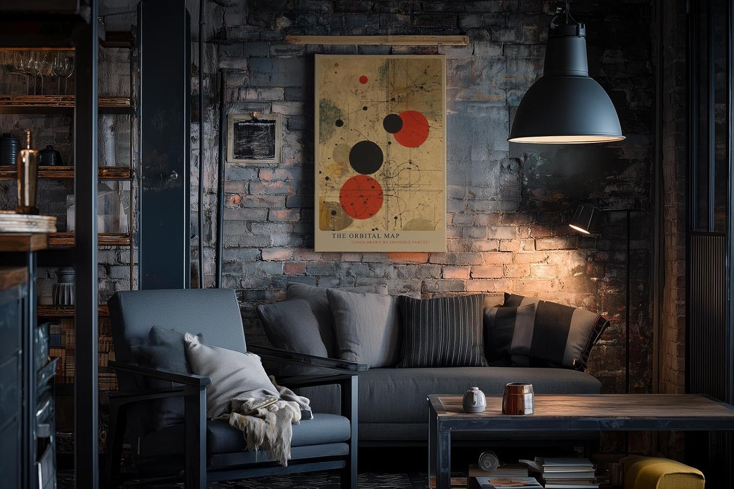 Paul Sinus Wandbild in 40x60cm The Orbital Map – Abstraktes Spiel aus roten und schwarzen Kreisen auf beigem Hintergrund mit feinen Linien wie unsichtbare Kräfte