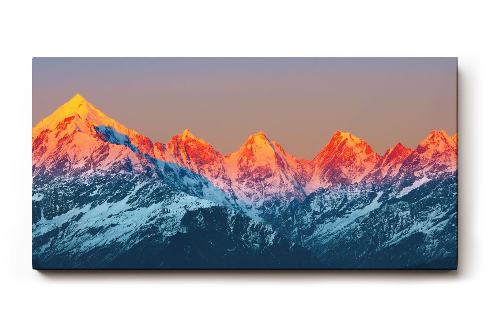 Sinus Art Wandbild 120x80cm Leuchtend rote Bergspitzen im ersten Sonnenlicht mit kühler Schneelandschaft