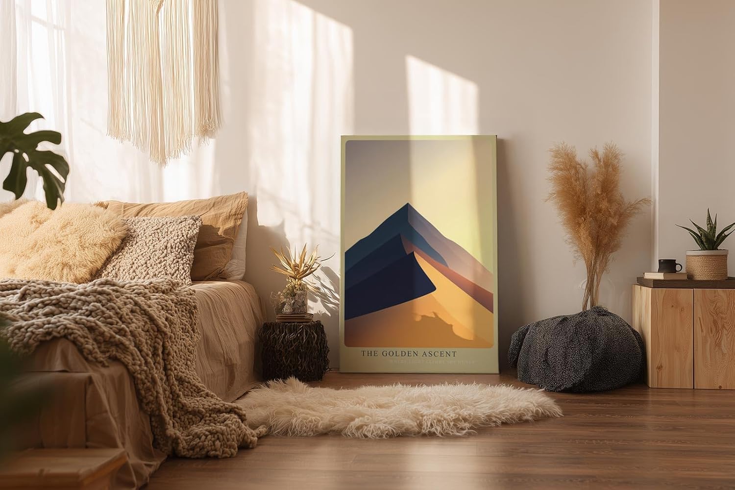 Paul Sinus Wandbild in 40x60cm The Golden Ascent – Minimalistische Dünenlandschaft in goldenen und blauen Tönen für stilvolle Raumgestaltung