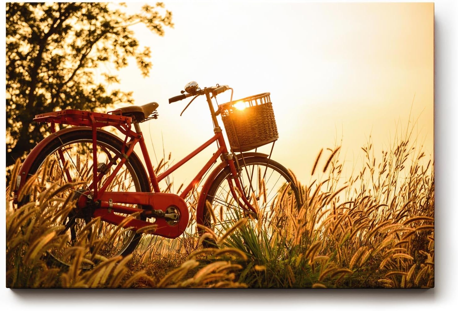 Sinus Art Wandbild 120x80cm Rotes Fahrrad im goldenen Gegenlicht einer Sommerwiese mit romantischem Flair