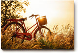Sinus Art Wandbild 120x80cm Rotes Fahrrad im goldenen Gegenlicht einer Sommerwiese mit romantischem Flair