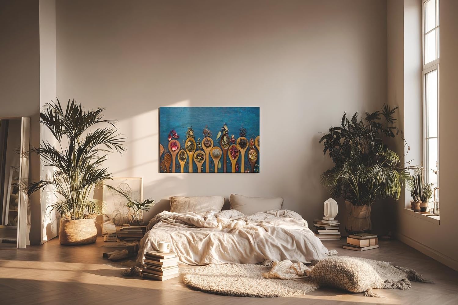 Sinus Art Wandbild 120x80cm Bunte Gewürze auf Holzlöffeln vor rustikalem Hintergrund – kulinarisch und stilvoll