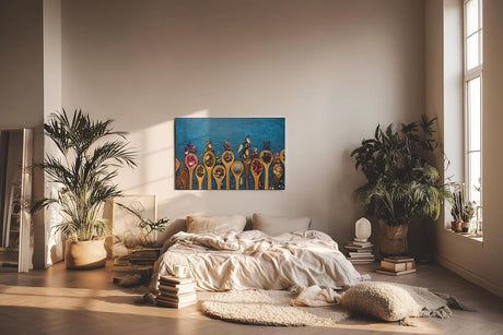 Sinus Art Wandbild 120x80cm Bunte Gewürze auf Holzlöffeln vor rustikalem Hintergrund – kulinarisch und stilvoll