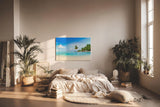 Sinus Art Wandbild 120x80cm Tropische Insel mit Palmen und weißem Sandstrand für entspannende Raumwirkung