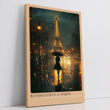 Paul Sinus Leinwandbild 60x90cm Rendezvous in Paris – Romantische Nachtaufnahme mit Eiffelturm, Regen und geheimnisvoller Frau unter einem Schirm