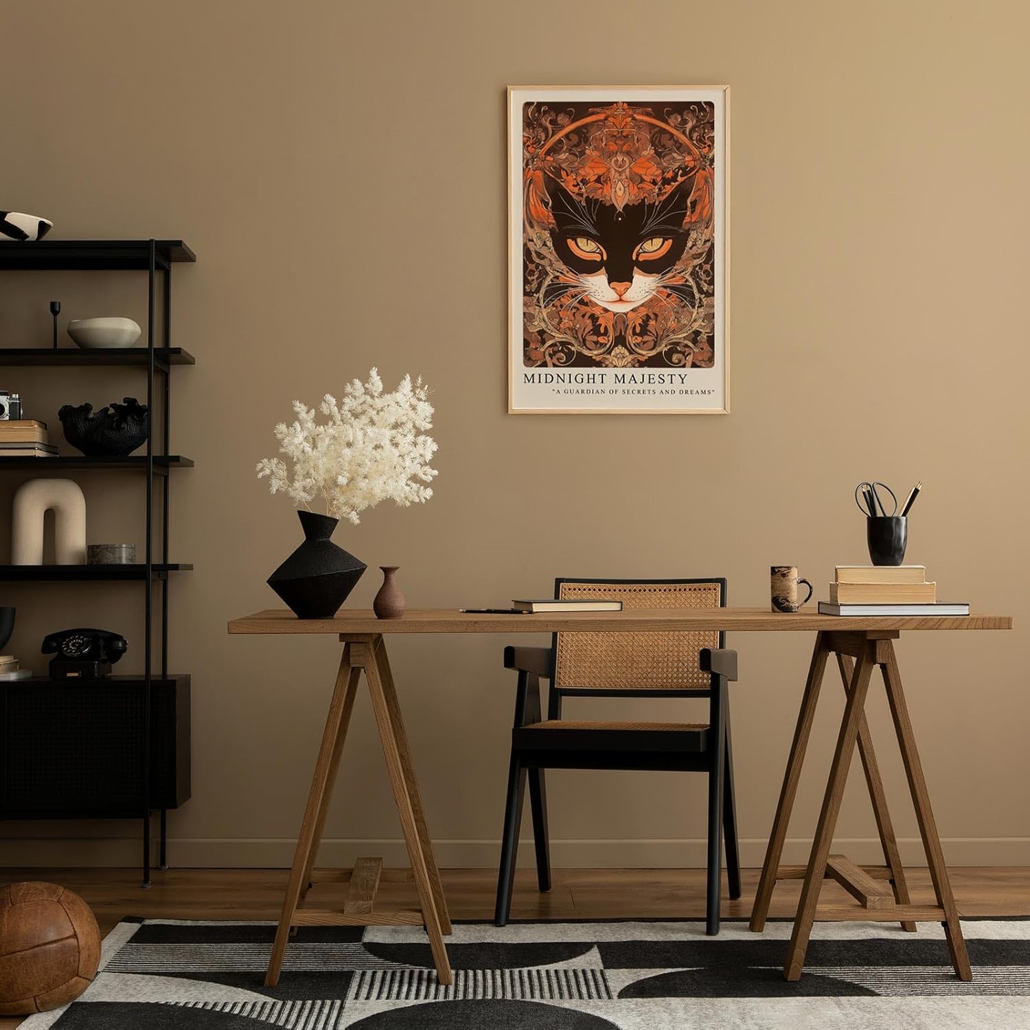 Paul Sinus Leinwandbild 40x60cm geheimnisvolle Katzenillustration mit kunstvollen Ornamenten in warmen Erdtönen, magische Wandkunst