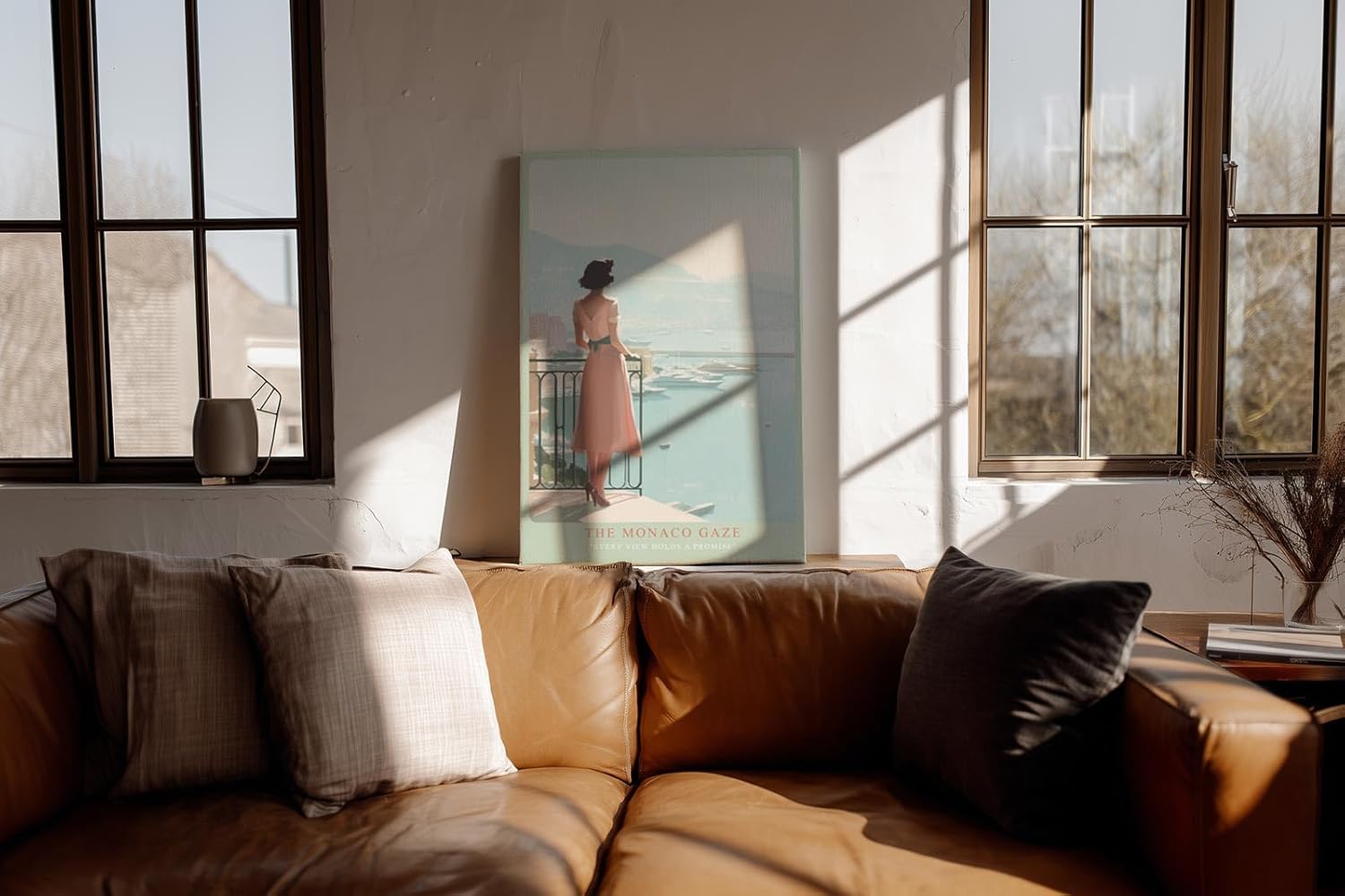 Paul Sinus Wandbild in 40x60cm elegante Frau mit Blick auf Yachthafen von Monaco in pastelligen Farben – stilvolles Retro-Reiseposter für zeitlose Wohnakzente