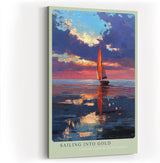 Paul Sinus Wandbild in 40x60cm Segelboot im Abendlicht mit roten Segeln auf ruhigem Wasser – maritimes Kunstwerk voller Farbintensität