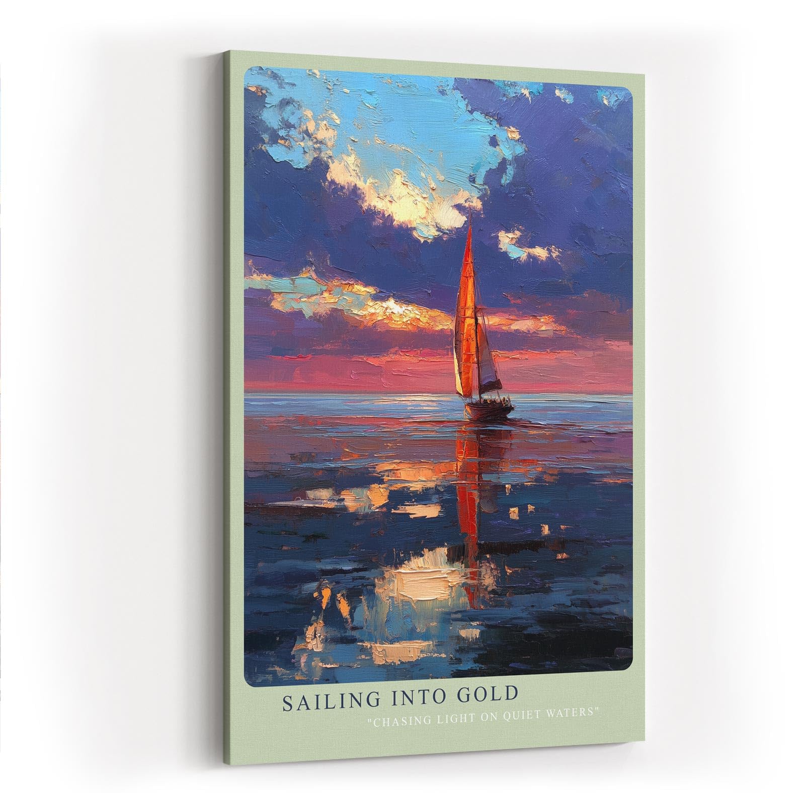 Paul Sinus Wandbild in 40x60cm Segelboot im Abendlicht mit roten Segeln auf ruhigem Wasser – maritimes Kunstwerk voller Farbintensität