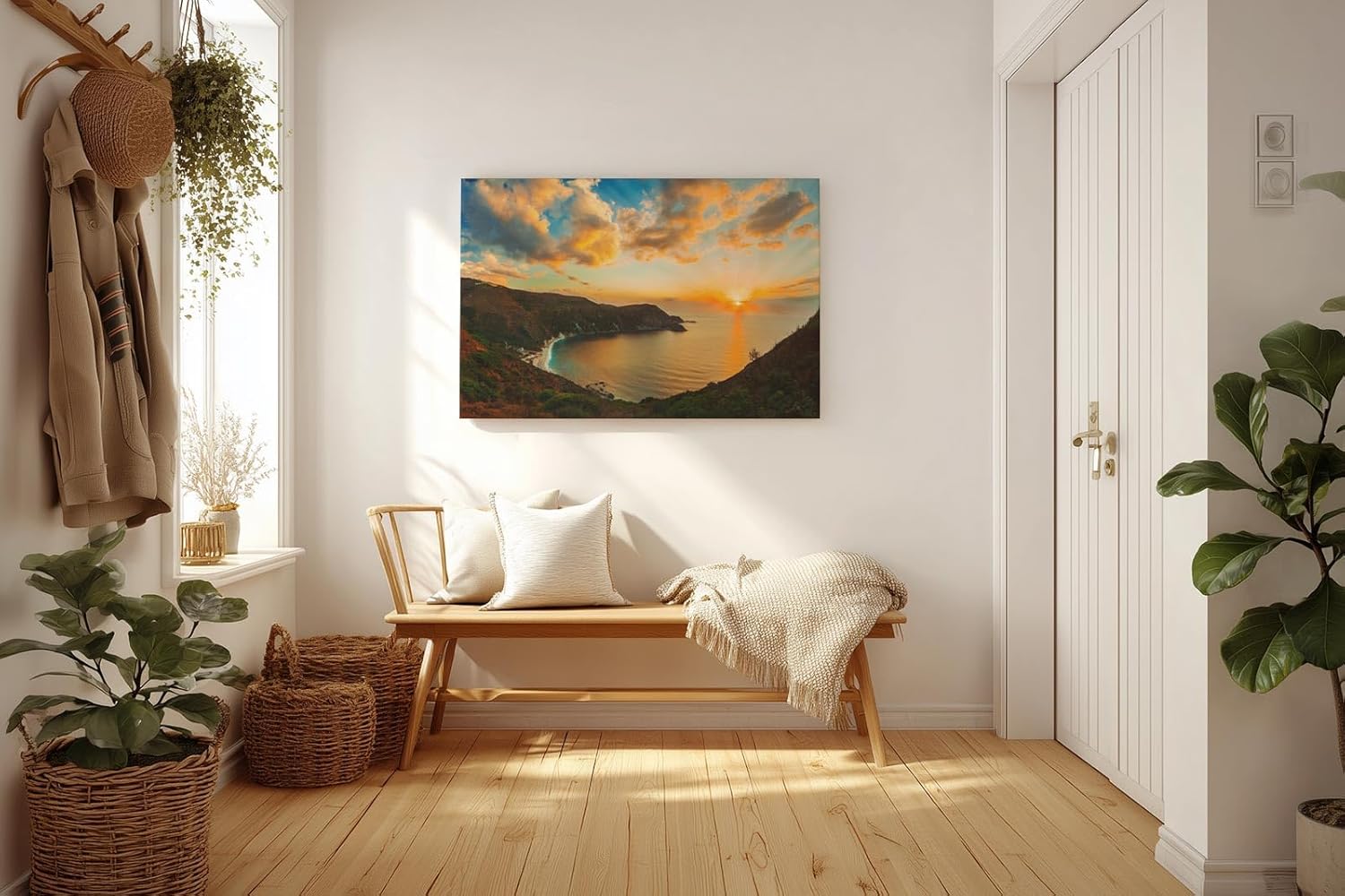 Sinus Art Wandbild 120x80cm Atemberaubender Sonnenuntergang über Küstenlinie mit weichem Farbverlauf