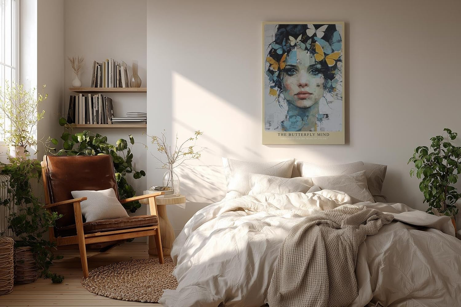 Paul Sinus Wandbild in 40x60cm The Butterfly Mind – farbintensives Porträt einer Frau mit Schmetterlingen im Haar in moderner Kunstoptik