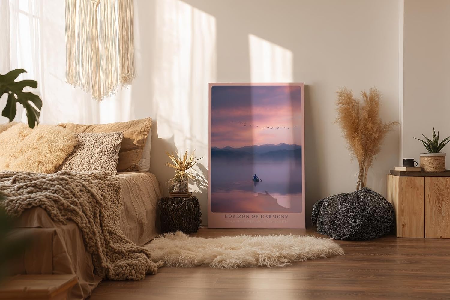 Paul Sinus Wandbild in 40x60cm Boot auf nebligem See bei Sonnenaufgang mit Bergen und Vogelschwarm im Hintergrund