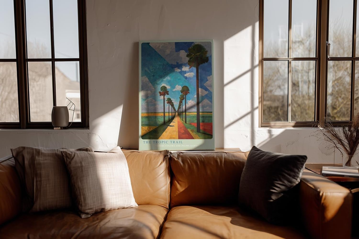 Paul Sinus Wandbild in 40x60cm The Tropic Trail mit farbintensiver Palmenallee und geometrischem Himmel für lebendige Raumgestaltung