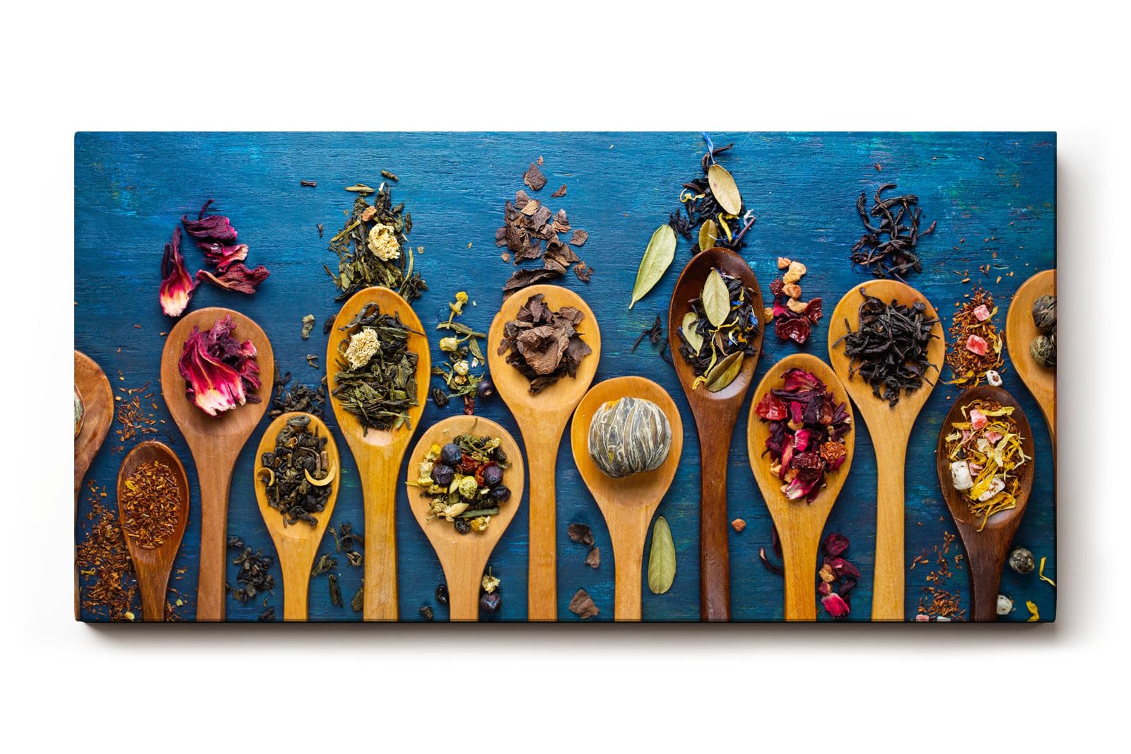 Sinus Art Wandbild 120x80cm Bunte Gewürze auf Holzlöffeln vor rustikalem Hintergrund – kulinarisch und stilvoll
