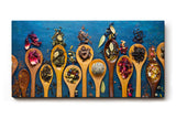 Sinus Art Wandbild 120x80cm Bunte Gewürze auf Holzlöffeln vor rustikalem Hintergrund – kulinarisch und stilvoll