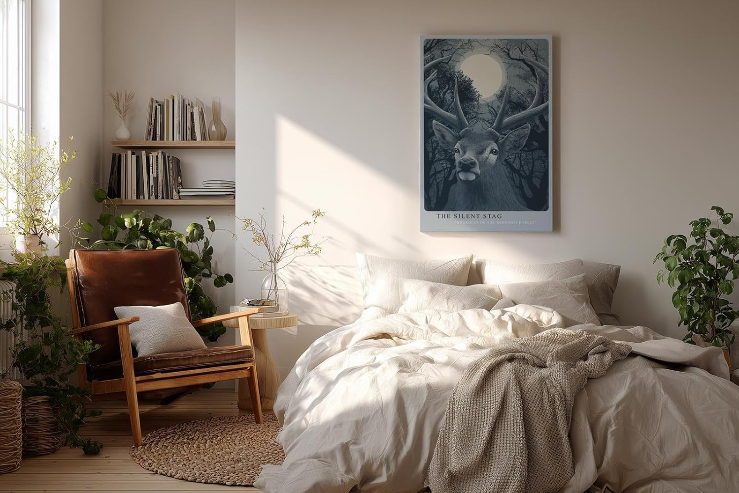 Paul Sinus Wandbild in 40x60cm The Silent Stag – majestätischer Hirsch vor Vollmond im nächtlichen Wald, detailreiche Illustration in kühlen Blautönen