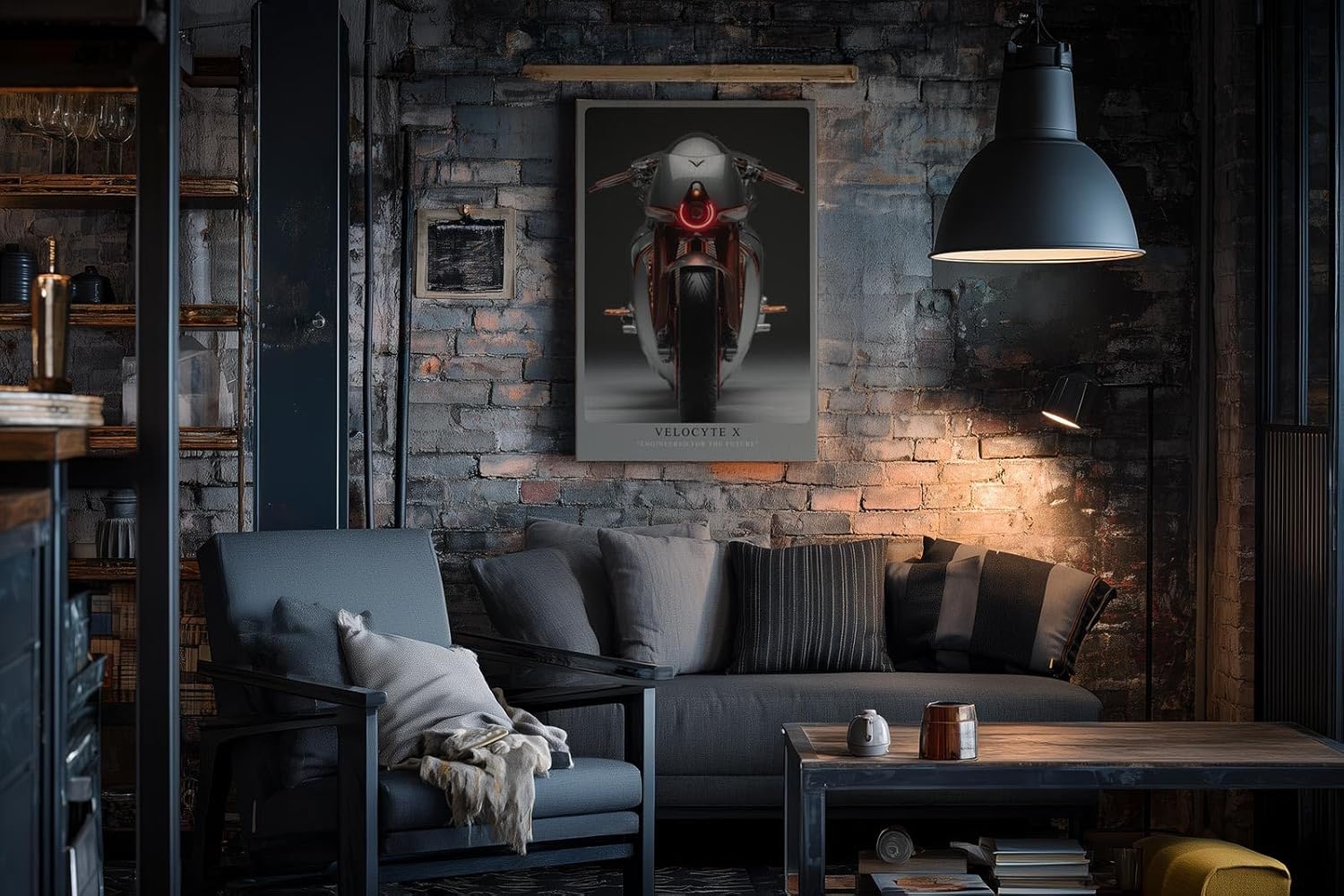 Paul Sinus Wandbild in 40x60cm Velocyte X – futuristisches Motorrad-Design in minimalistischer Perspektive mit markantem Rücklicht