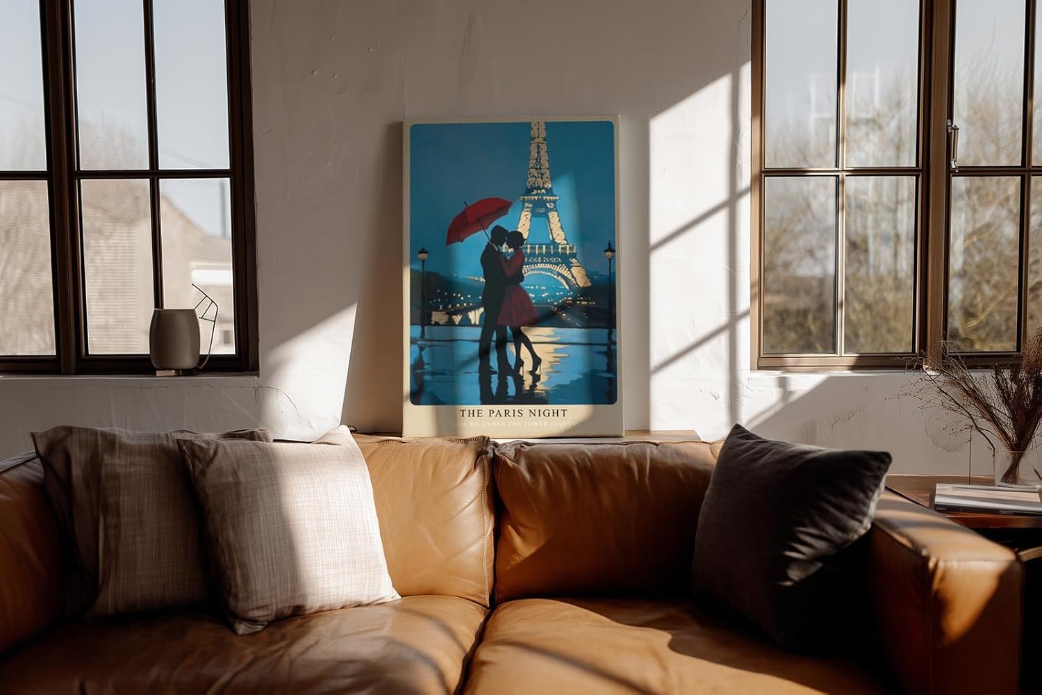 Paul Sinus Wandbild in 40x60cm The Paris Night – romantische Pariser Nachtszene mit Paar und rotem Schirm vor dem Eiffelturm für elegante Raumgestaltung