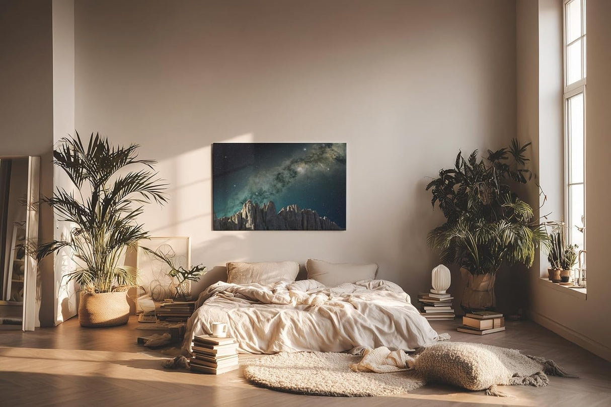 Sinus Art Wandbild 120x80cm Sternenreiche Milchstraße über schroffer Gebirgslandschaft in dunklem Farbspektrum