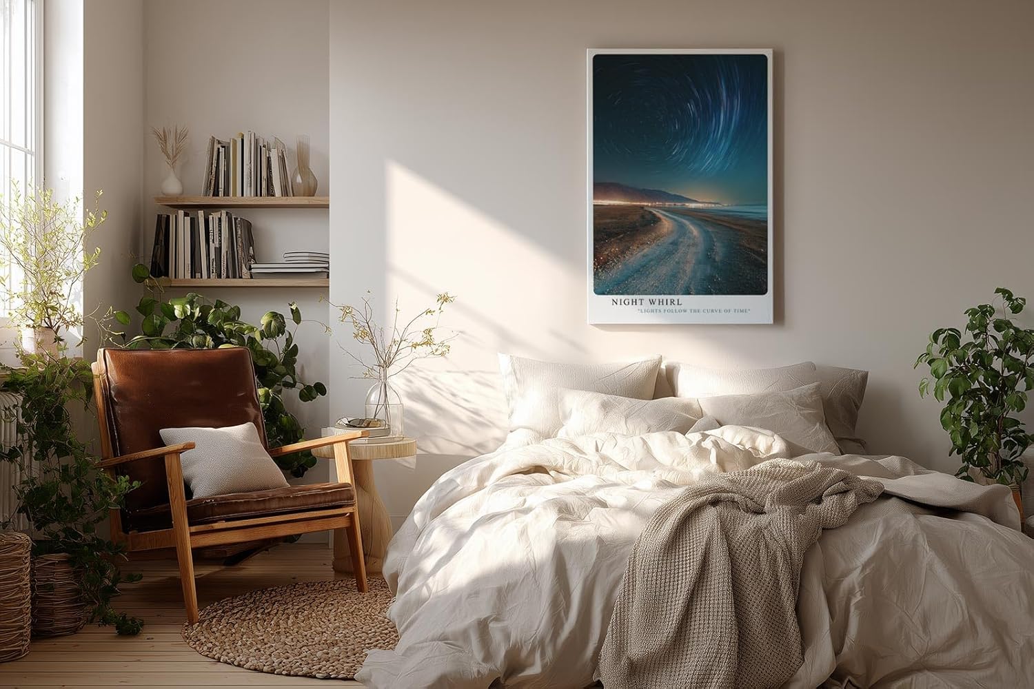 Paul Sinus Wandbild in 40x60cm Night Whirl Sternenhimmel mit Sternenspuren über Küstenstraße in nächtlicher Langzeitbelichtung