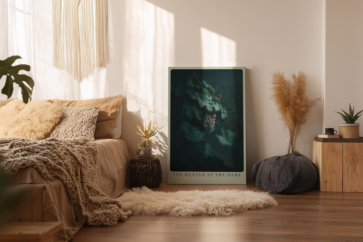 Paul Sinus Wandbild in 40x60cm The Hunter in the Dark – Leopard im Schatten dichter Blätter mit intensiven Augen