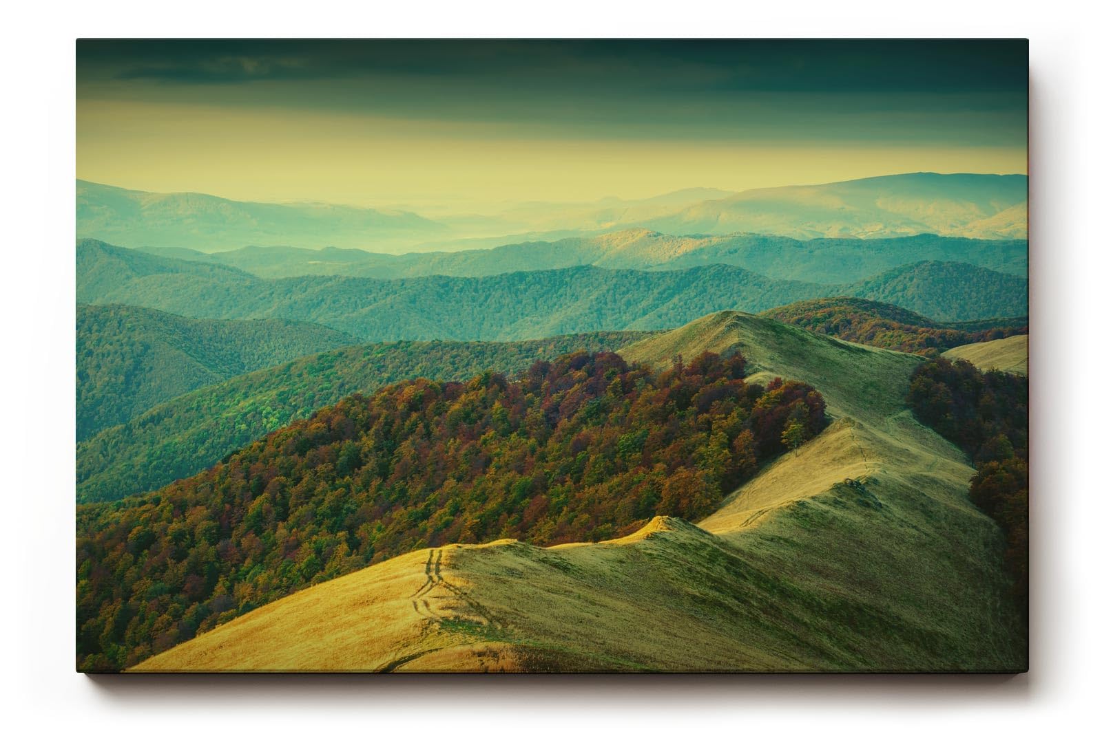 Sinus Art Wandbild 120x80cm Hügeliges Landschaftsmotiv mit natürlicher Lichtstimmung für beruhigende Raumwirkung