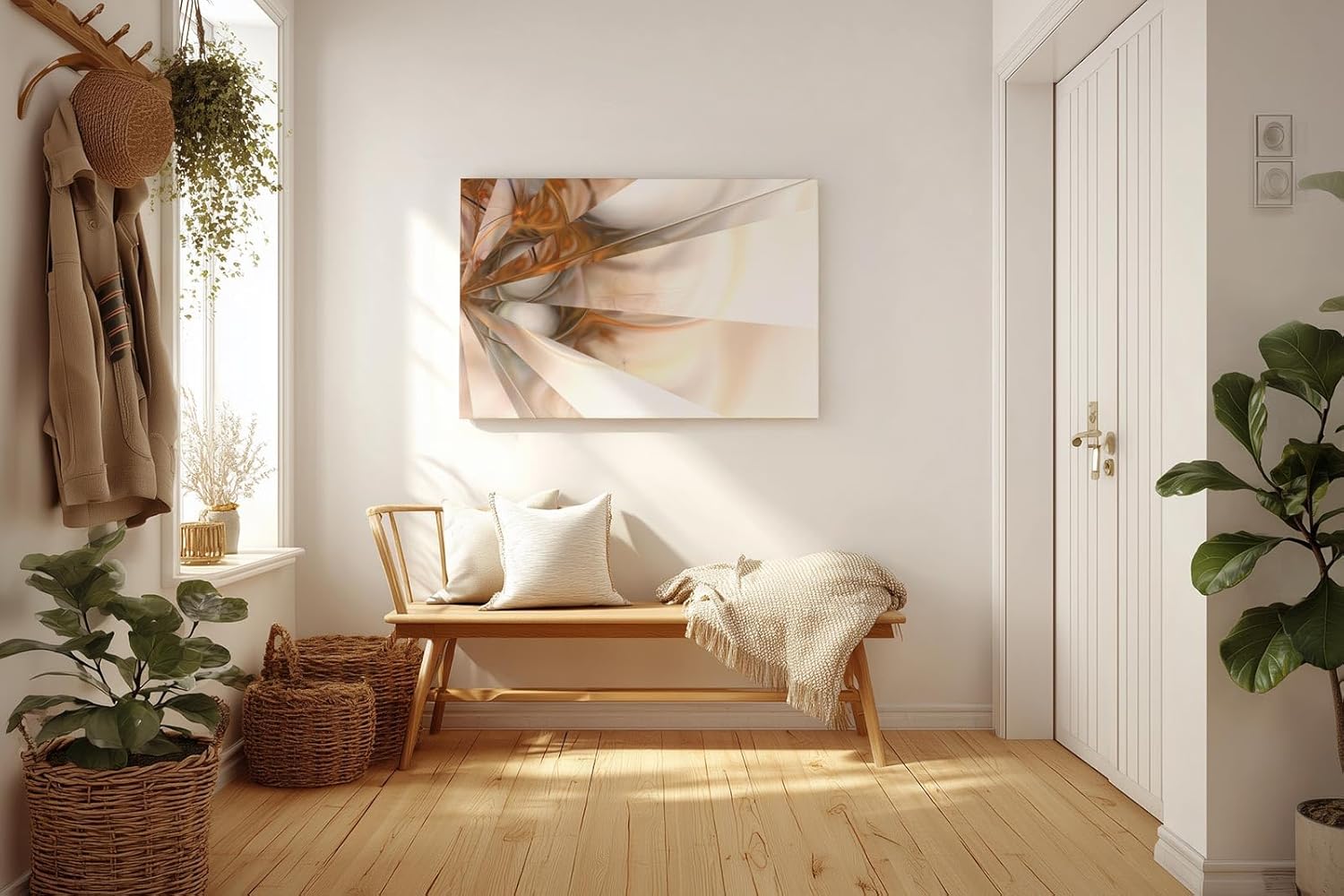 Sinus Art Wandbild 120x80cm Futuristische Lichtstrahlen in Bronze und Cremeweiß – elegant verspielt und optisch raumöffnend