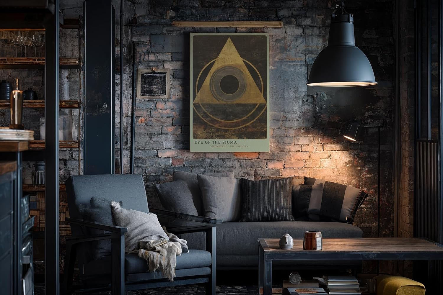 Paul Sinus Wandbild in 40x60cm Eye of the Sigma – Abstrakte geometrische Komposition mit goldenem Dreieck und zentralem Kreis auf dunkler Strukturfläche