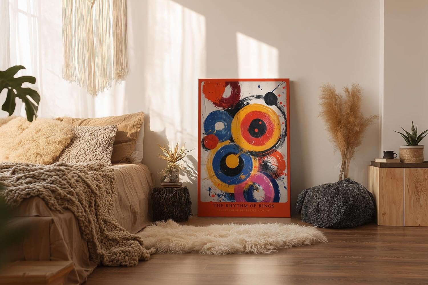 Paul Sinus Wandbild in 40x60cm The Rhythm of Rings – Lebendige Komposition aus farbkräftigen Kreisen in Gelb, Rot, Blau, Pink und Schwarz mit dynamischen Pinselspuren