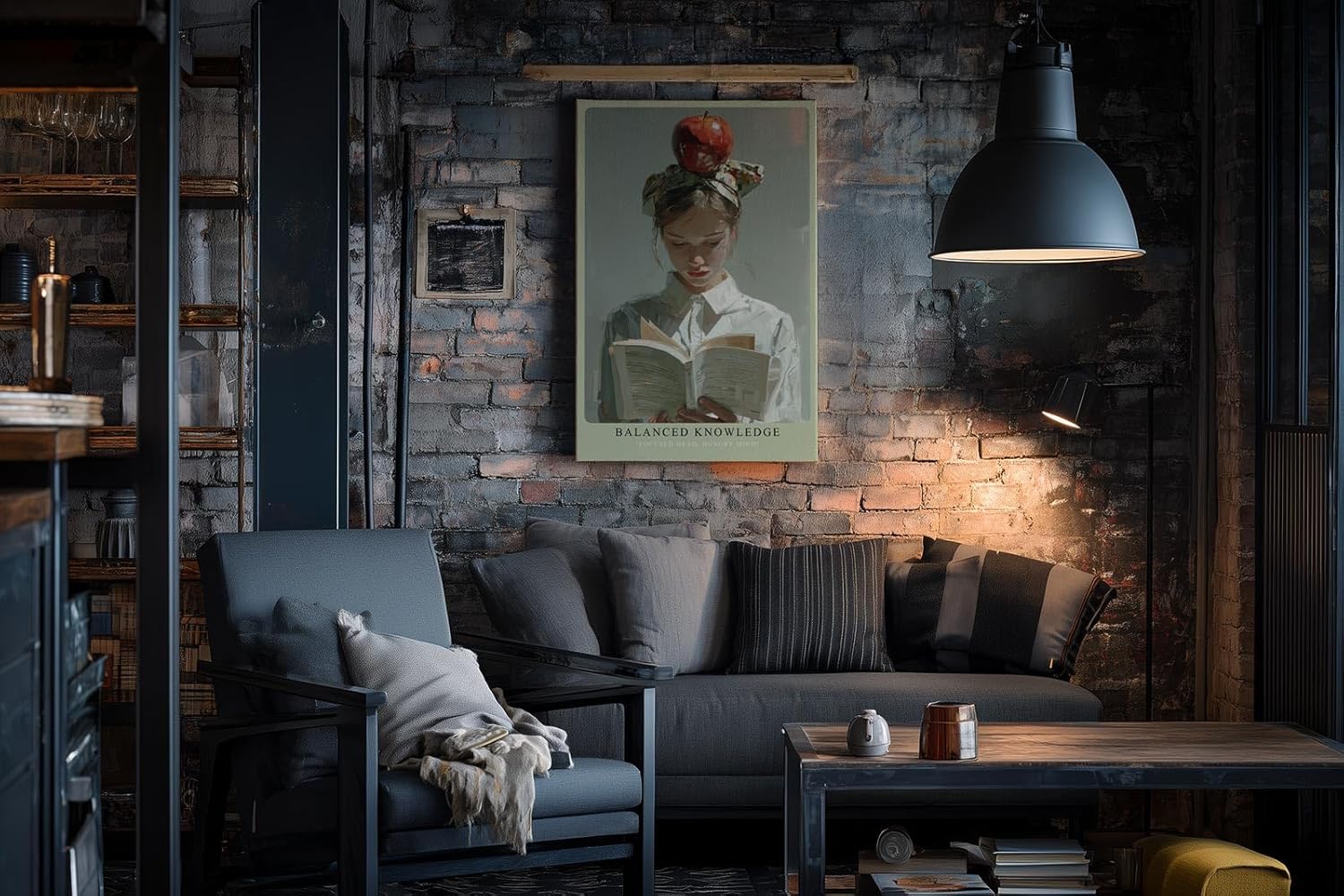 Paul Sinus Wandbild in 40x60cm Balanced Knowledge – Kreatives Porträt einer jungen Frau mit Apfel auf dem Kopf, vertieft ins Lesen, moderne Bilder mit ausdrucksstarker Komposition