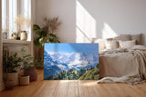 Sinus Art Wandbild 120x80cm Beeindruckendes Panorama mit schneebedeckten Gipfeln und grünen Hängen im Vordergrund