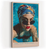 Paul Sinus Wandbild in 40x60cm Cool Down With Style Elegant Woman in Blue Headscarf and Sunglasses in Pool Water