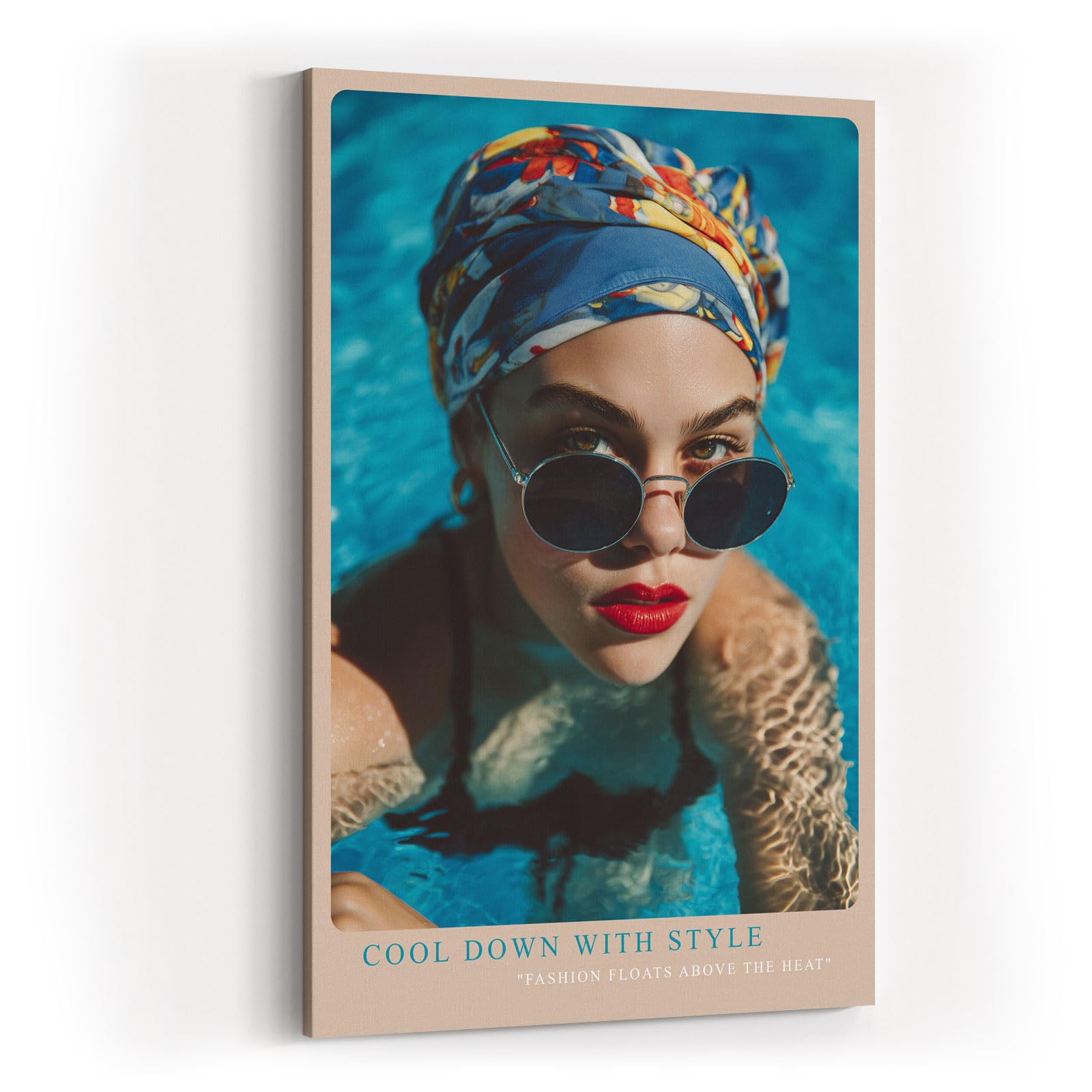 Paul Sinus Wandbild in 40x60cm Cool Down With Style Elegant Woman in Blue Headscarf and Sunglasses in Pool Water