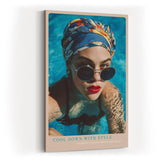 Paul Sinus Wandbild in 40x60cm Cool Down With Style Elegant Woman in Blue Headscarf and Sunglasses in Pool Water