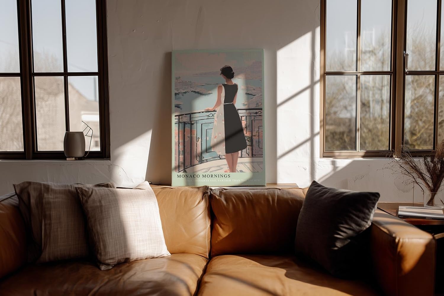 Paul Sinus Wandbild in 40x60cm Monaco Mornings – Elegantes Porträt einer Frau auf einem Balkon mit Blick auf den Hafen von Monaco, moderne Bilder in warmen Pastelltönen