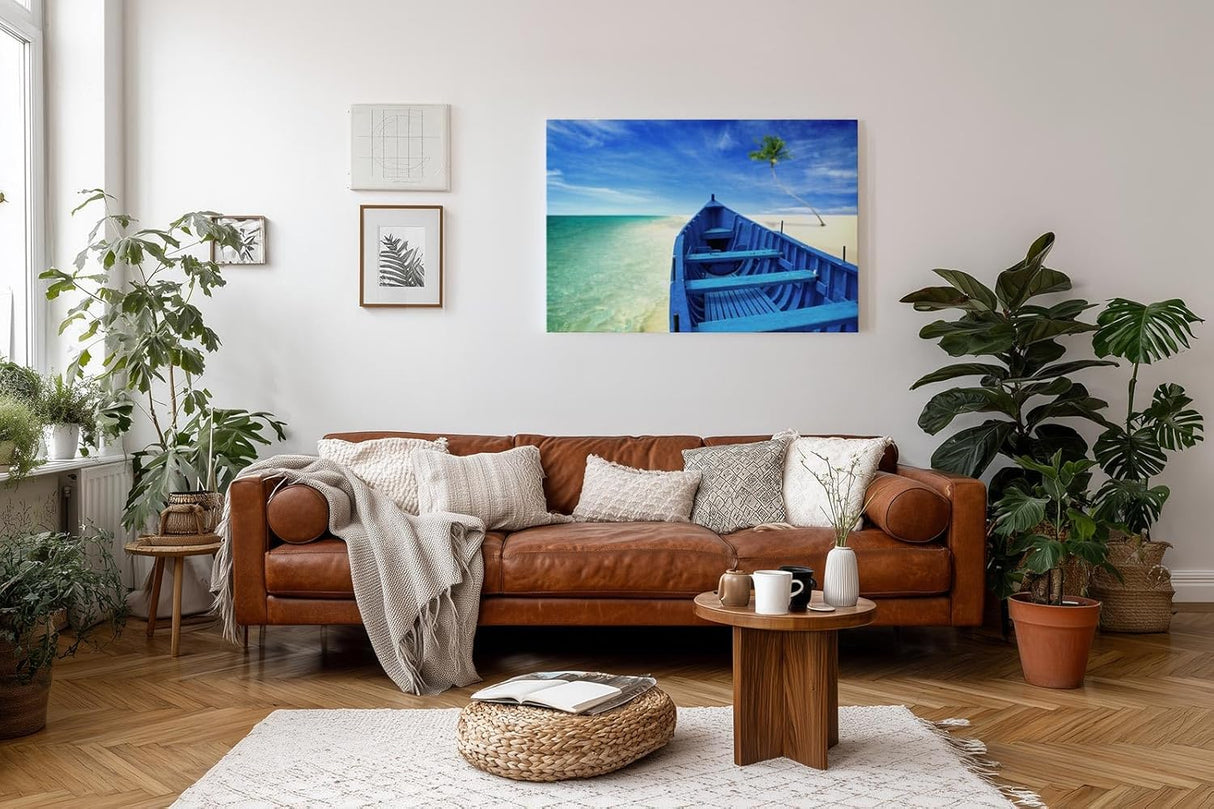 Sinus Art Wandbild 120x80cm Das Boot in der Bildmitte lenkt den Blick hinaus aufs offene Meer und vermittelt Fernweh