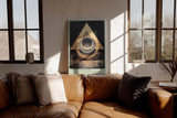 Paul Sinus Wandbild in 40x60cm The Geometric Code – Abstraktes Design mit überlappenden goldenen Dreiecken und Kreisen auf dunkler Texturfläche