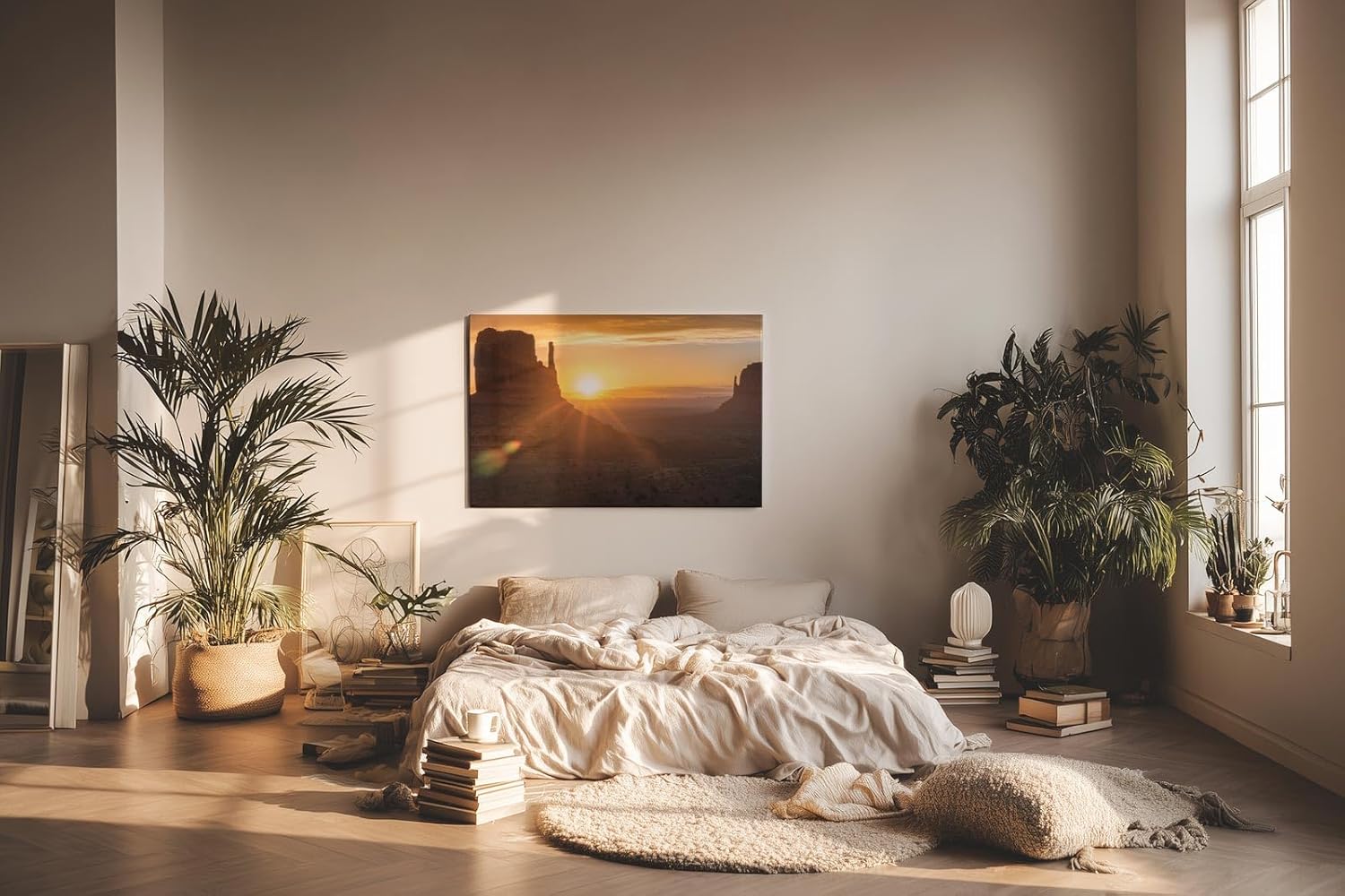 Sinus Art Wandbild 120x80cm Dramatische Landschaft mit Felsformationen im Gegenlicht der aufgehenden Sonne erzeugt Weite und Ruhe